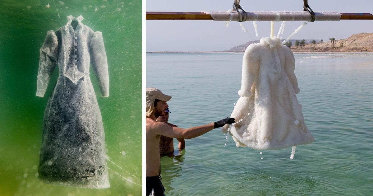 Artista deixa vestido submerso no Mar Morto por 2 anos e cria obra de arte