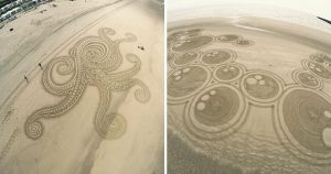 Artista faz desenhos incríveis na areia das praias