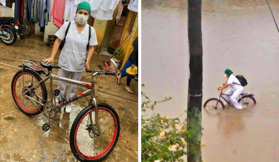 Enfermeira que usava bicicleta para trabalhar durante enchentes, ganha surpresa magnífica por esforço!