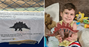 Vizinha encontra dinossauro perdido de garotinho e o devolve da melhor forma