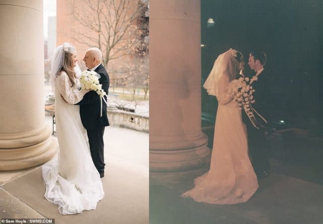 Depois de 50 anos, casal recria fotos de casamento no mesmo local e com mesma roupa