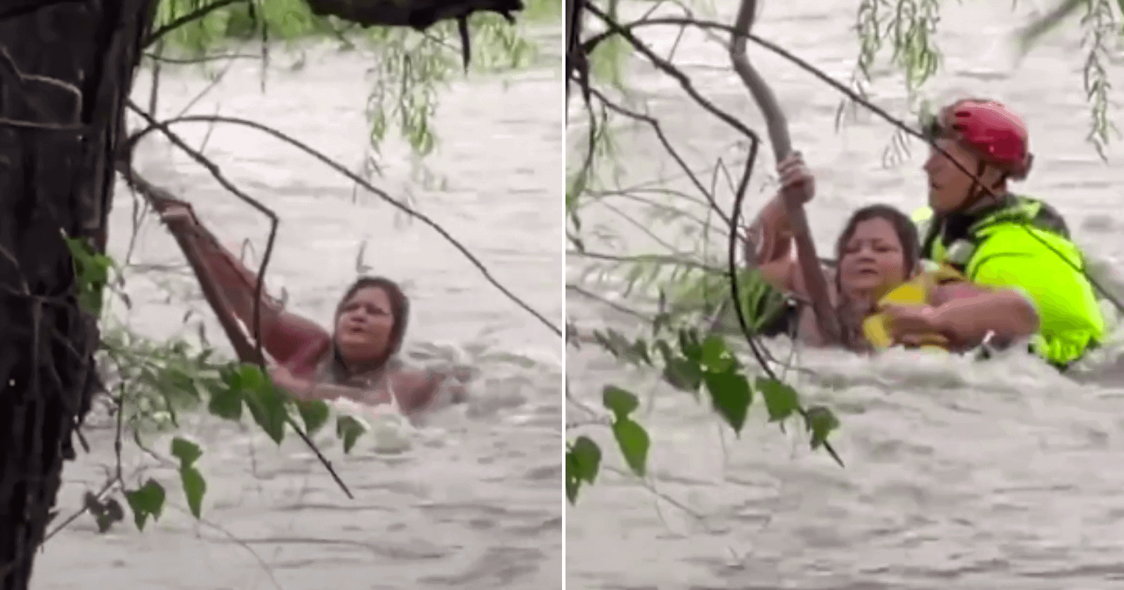 Bombeiro salva mulher pendurada em galho no meio da correnteza