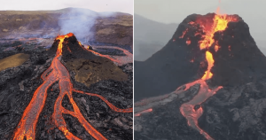 Drone captura momento exato em que vulcão entra em erupção