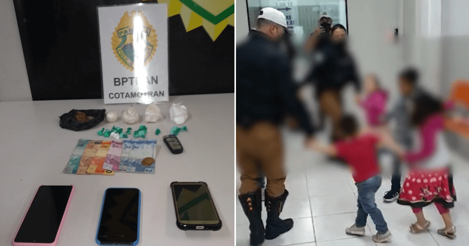 Policiais distraem crianças com roda após pais serem presos por causa de drogas