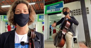 Violoncelista é vacinado e toca em local para agradecer