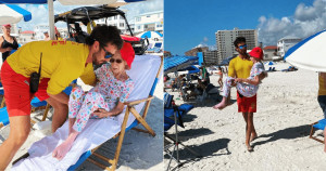 Salva-vidas leva senhorinha nos braços para passeio na praia