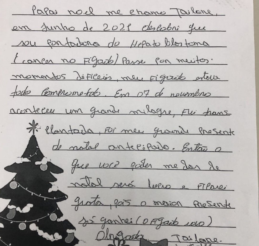 Garotinha emociona ao agradecer por transplante de fígado em carta ao Papai Noel