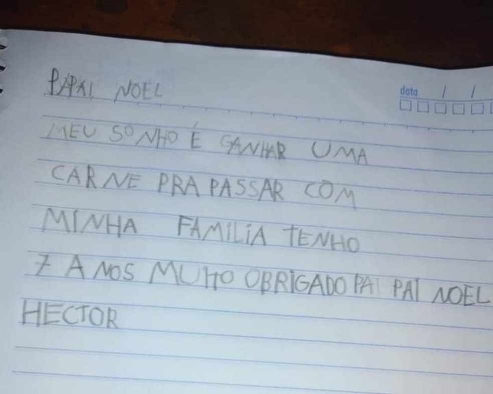 Criança emociona com pedido em carta: 'meu sonho é ganhar uma carne'