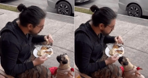 Após sua cadela ser barrada em restaurante, jovem decide comer na calçada com ela