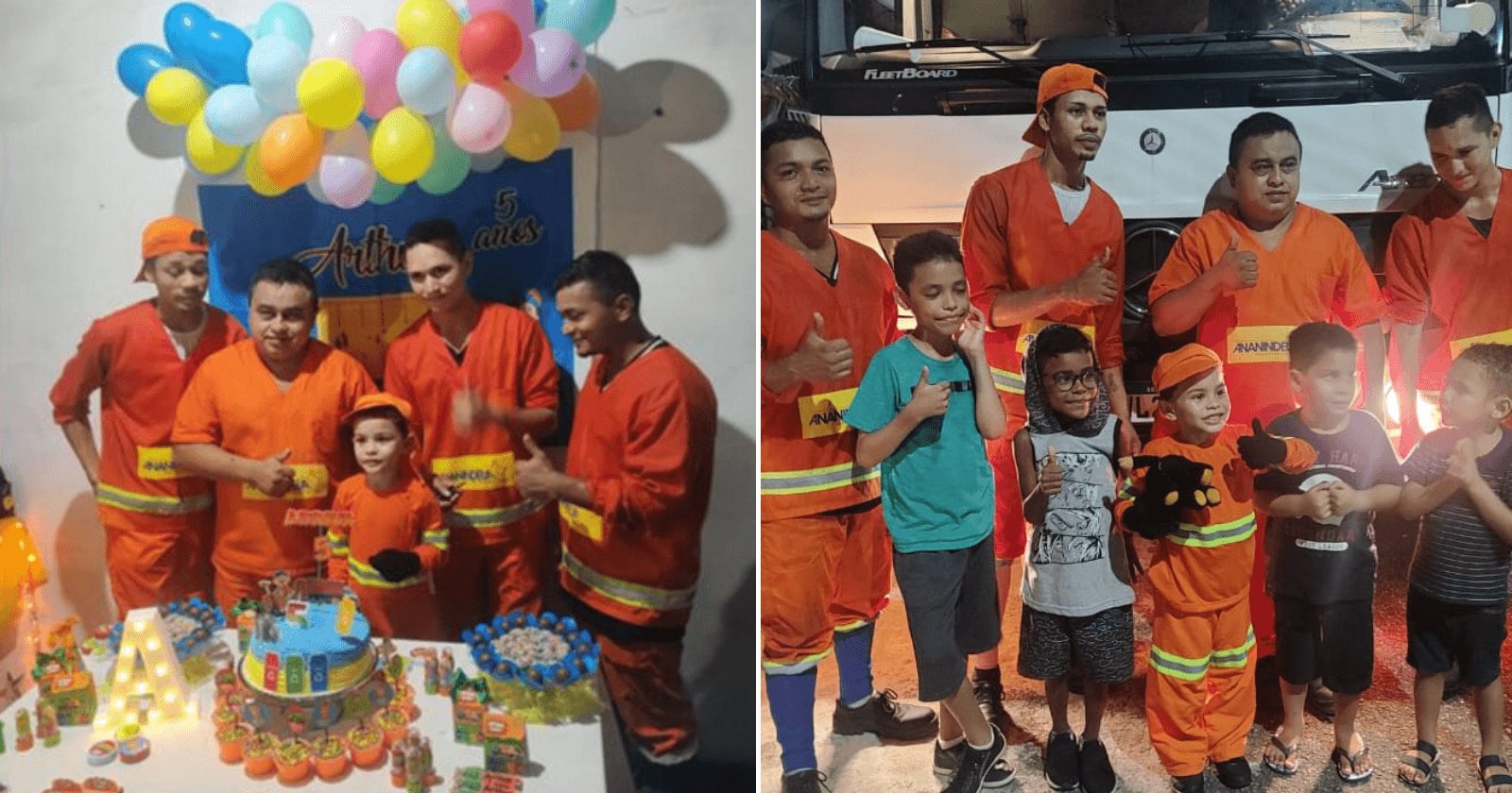 Festa com tema de ‘garis’ é sonho realizado para garotinho de 5 anos