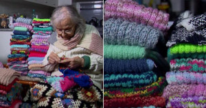 Senhorinha de 92 anos faz cachecóis e doa para pessoas em situação de rua