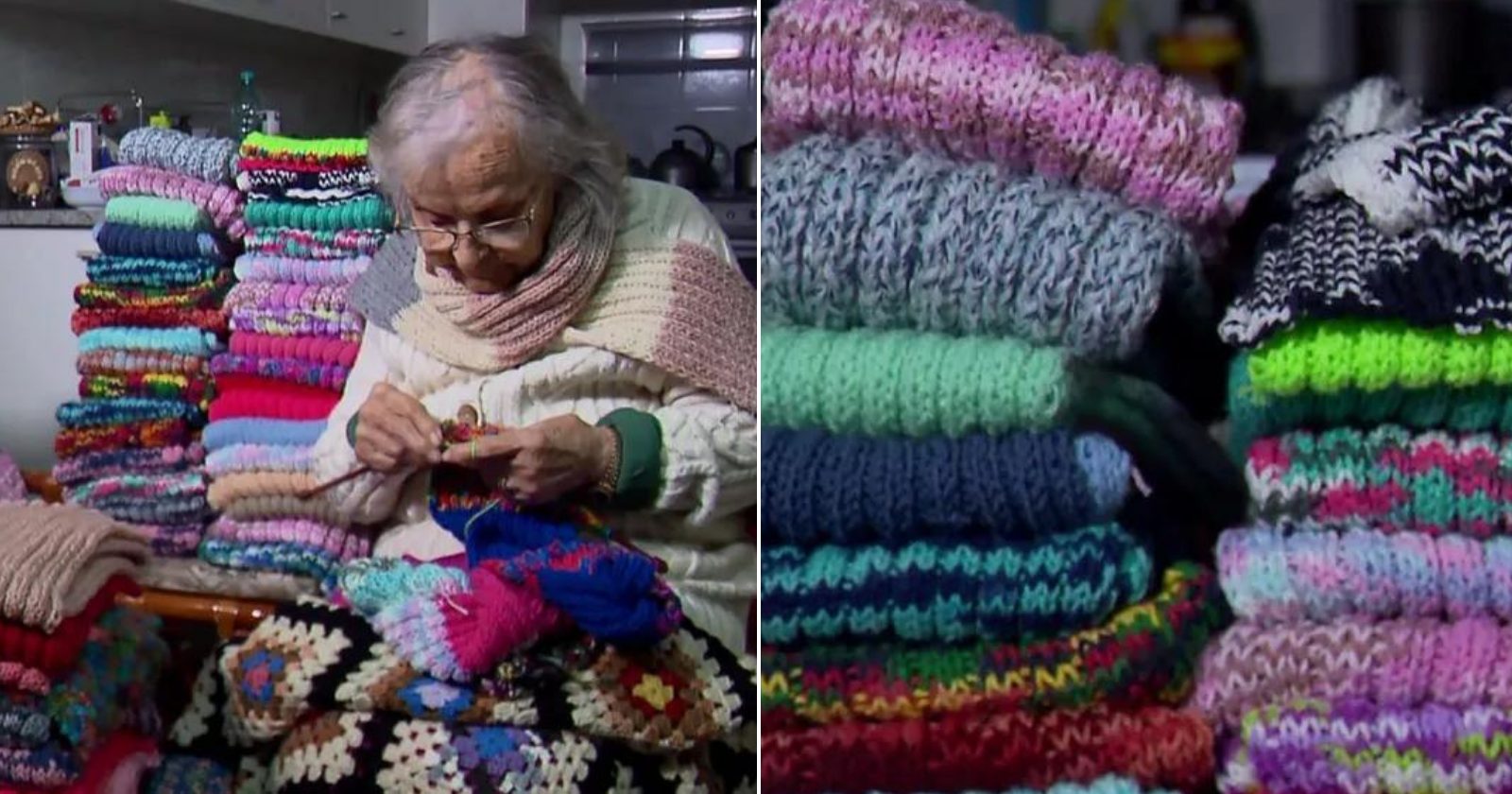 Senhorinha de 92 anos faz cachecóis e doa para pessoas em situação de rua