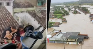 Bombeiros fazem resgate heroico de bebê em telhado de cidade alagada