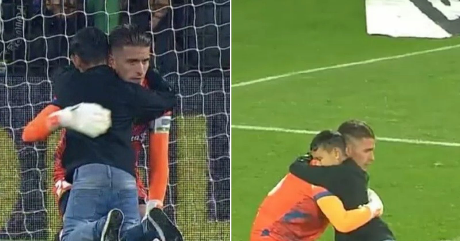 Menino invade o campo para dar um abraço no goleiro que levou um gol nos últimos minutos da decisão final do jogo