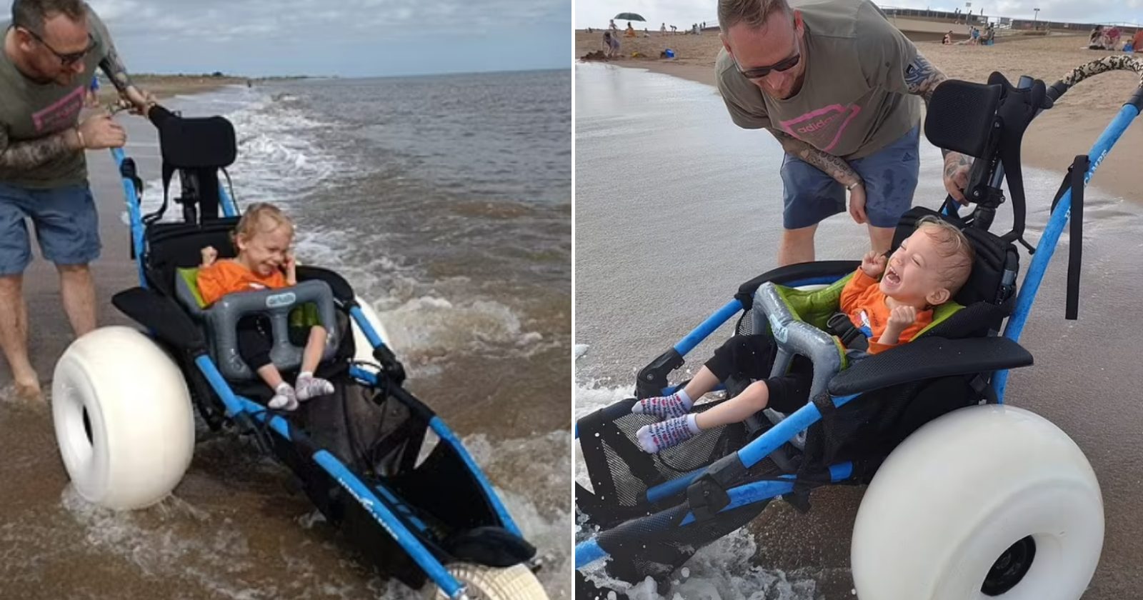 Garoto com paralisia cerebral brinca pela primeira vez no mar e emociona os pais