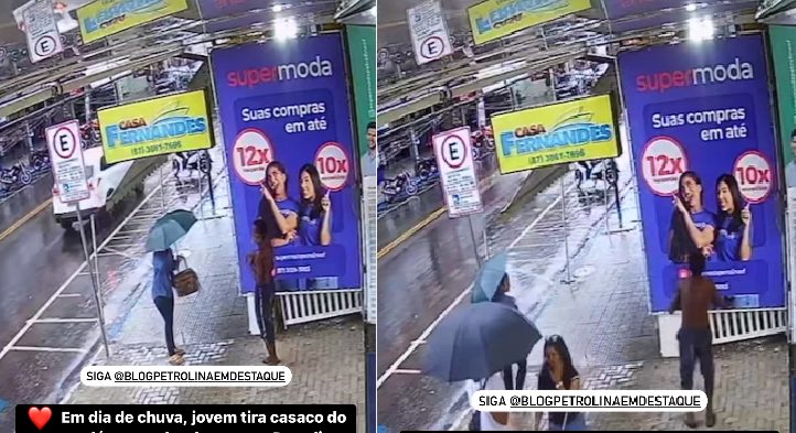 Em dia de chuva, câmera de monitoramento flagra jovem doando seu casaco para morador de rua