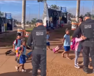 Vídeo de crianças abraçando PM na porta da escola mostra pureza e gratidão aos profissionais